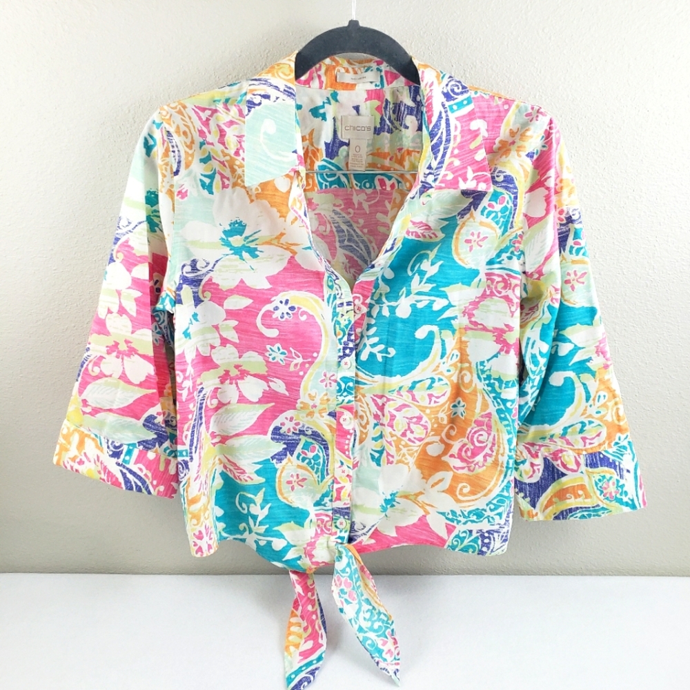 Chico's Size 0 No Iron Button Down Tie Front Floral Paisley Top/Blouse Sz Small